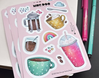 Sticker sheet - Coffee break - Illustrated sticker - Coffee - Tea - Hot chocolate - Herbal tea - Mrs. Doo