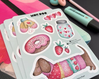Sticker sheet - Dachshund of love - Illustrated sticker - Sausage dog - Donut - Strawberry - Heart - Daschund - Cozy - Mrs. Doo