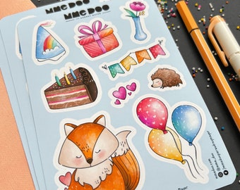 Sticker sheet - The party - Illustrated sticker - Birthday - Happy birthday - Cake - Gift - Fox - Hedgehog - Mrs Doo