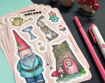 Sticker Sheet - Sweet Spring - Illustrated Sticker - Garden Gnome - Mushroom - Forest - Rabbit - Garden - Gardening - Mrs. Doo