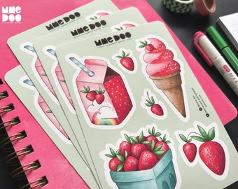 Sticker Sheet - Strawberry Season - Illustrated Sticker - Strawberry Ice Cream - Strawberry Milk - Summer - Fields - Mrs. Doo