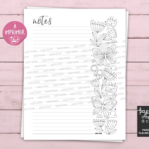 Peut inclure: Page de notes imprimable avec un motif floral et papillon noir et blanc. La page est lignée et le texte "notes" en haut. Le texte "papeterie inspirante à colorier" est en bas de la page.
