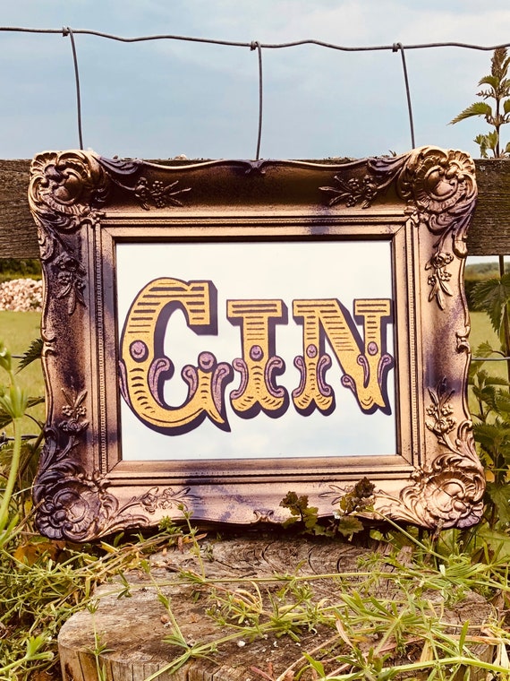 Gin Mirror Hand Painted In Purple And Gold Reverse Bar For A Lover Art Vintage Style Framed