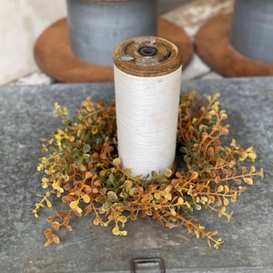 FALL NEW Candle Ring, farmhouse autumn tones of small leaf eucalyptus,boxwood greenery, autumn foliage candle rings,4.5 in/10in, image 8