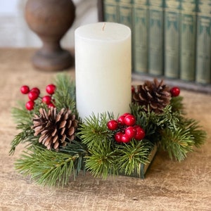 Farmhouse Christmas candle ring, farmhouse Christmas decoration, small wreath,  candle ring 3 in/10 inches,