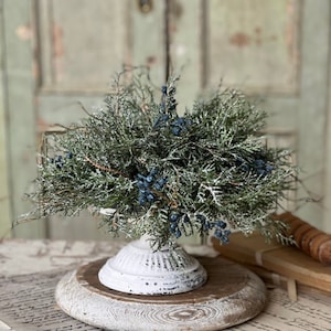 Farmhouse Christmas half sphere, orb, bowl filler, serene mix of cedar and blue berries with a light representation of snow. 13”/ 6”