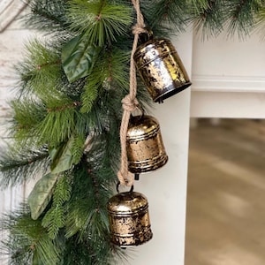Christmas hanging bell decoration, mantle winter decor, hanging metal door Christmas bells on a rope, gold finish holiday bell decoration