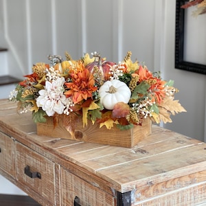 LARGE Fall/autumn pumpkin and flower arrangement, large  orange yellow gold, white pumpkins, fall autumn flowers in a light stained pine box