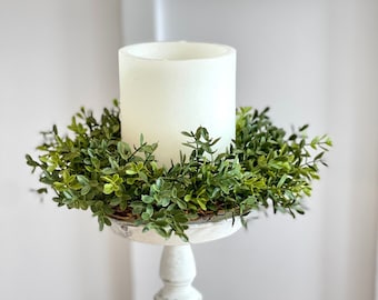 Farmhouse everyday evergreen boxwood greenery candle ring, small wreath, candle decoration 2 sizes 10”/ 4.5”, 12"/6.5"