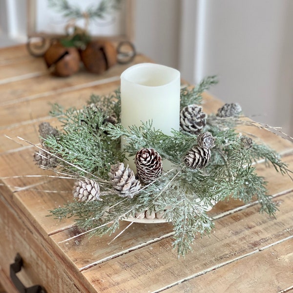 Farmhouse Christmas winter candle ring, Christmas candle decoration small wreath, snowy cedar and pinecones candle ring 4.5 in/11 inches,