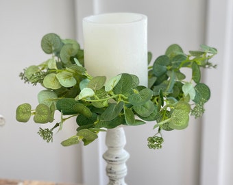 Greenery Farmhouse candle ring, farmhouse everyday decoration, seed eucalyptus small wreath, ,12”/ 4.5”inner candle ring