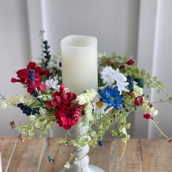 Red, white, blue patriotic candle ring, farmhouse summer decoration, small wreath, candle decoration  , measures outer 12”/ inner 4.5"