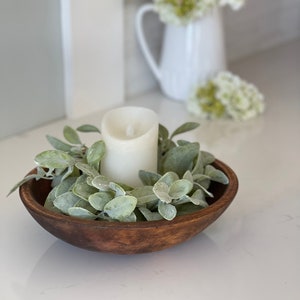 Greenery Farmhouse candle ring, farmhouse year round decoration, small wreath,lambs ear style leaves ,12”3” inner candle ring, greenish gray