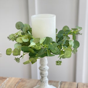 Greenery Farmhouse candle ring, farmhouse everyday decoration, seed eucalyptus small wreath, ,12”/ 4.5”inner candle ring