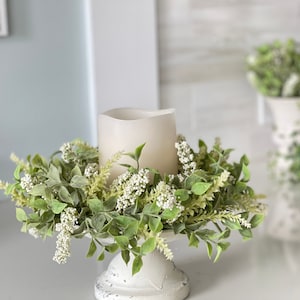 farmhouse candle ring Beautiful melody of spear shaped leaves clusters of cream berries and spires, 14-in outer 6-in inner small wreath