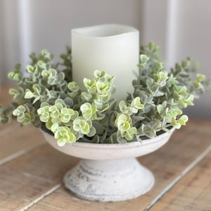 Spring summer Farmhouse greenery candle ring, farmhouse/French country Style decor flock eucalyptus9 in outer/3 in inner, pillar candle ring