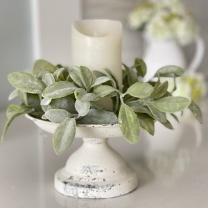 White/cream vintage inspired pedestal plate 8.25 inches Distressed finish,Pillar candle display, candleholder,display for greenery