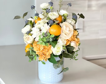 Summer cream white orange tall floral arrangement centerpiece table top large,light blue pale orange cream white, Florida room kitchen decor