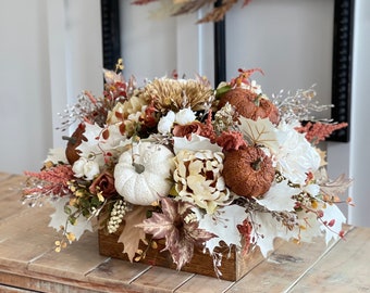 LARGE Fall/autumn pumpkin flower arrangement, large brown, burnt orange gold, white pumpkins, fall autumn flowers, light stained pine box