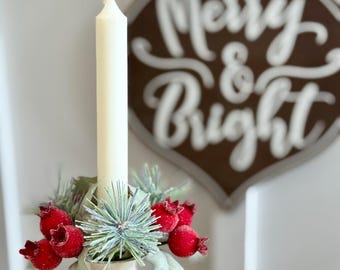 Farmhouse Christmas Sugar Plum taper candle ring, winter Christmas taper candle holder decoration,  candle ring 1 in/5 inches,