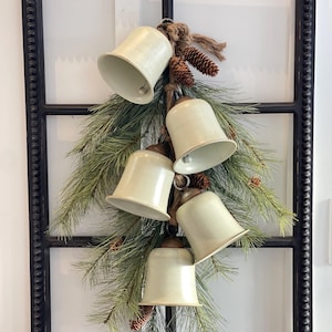 Christmas hanging large bell decoration, mantle winter decor, hanging door Christmas bells rope, cream/gold finish holiday bell decoration