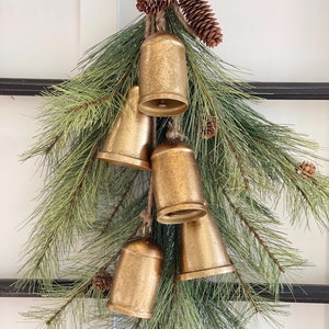 Christmas hanging bell decoration, mantle winter decor, hanging metal door Christmas bells on a rope, gold finish holiday bell decoration