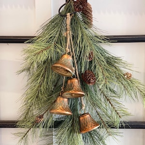 Christmas hanging bell decoration, mantle winter decor, hanging door Christmas bells on a rope, copper patina finish holiday bell decoration