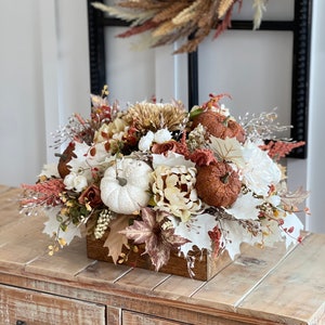 LARGE Fall/autumn pumpkin flower arrangement, large brown, burnt orange gold, white pumpkins, fall autumn flowers, light stained pine box image 1
