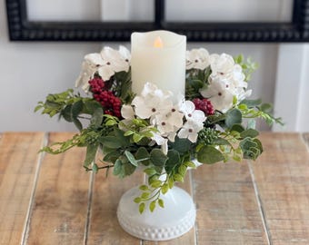 Farmhouse White Hydrangea & Red Berry Candle Ring | All-Season Mini Wreath | Christmas decoration for candle | ring 4 in | greenery 13 in