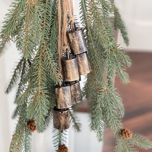 Christmas hanging bell decoration, mantle winter decor, hanging door Christmas bells on a rope, antique gold ,holiday petite bell decoration