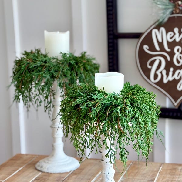 Emerald Canopy Candle Ring: Christmas 4" Candle Ring, Soft Touch Emerald Cedar, Holiday Farmhouse, Winter Mantel Decor, 4in/12in Candle Ring