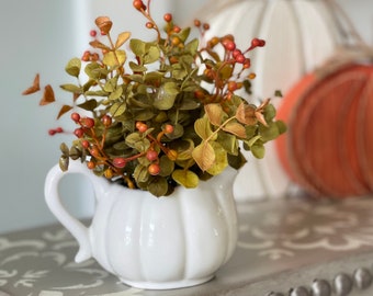 Small Fall Farmhouse rustic country greenery floral arrangement fall foliage in ceramic white pumpkin shaped pitcher/creamer, riser size