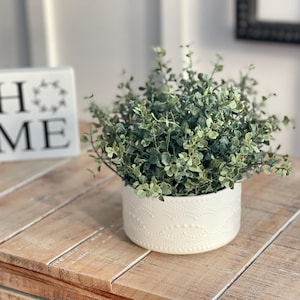 Puede incluir: Una maceta de cerámica blanca con un patrón de puntos, llena de una planta artificial verde. La maceta está sentada en una mesa de madera marrón claro con la palabra "HOME" en un letrero blanco en el fondo.