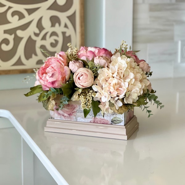Large Neutral Farmhouse/French country everday floral arrangement vintage inspired roses, crinkle peonies pink farmhouse flower box