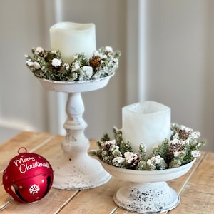 Farmhouse Christmas flocked candle ring, winter Christmas decoration,  candle ring 3 in/7 inches,