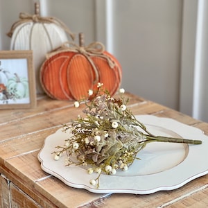 Fall greenery stems, fall weathered eucalyptus with white pumpkin berries and lavender style flowers for fall neutral foliage decorating