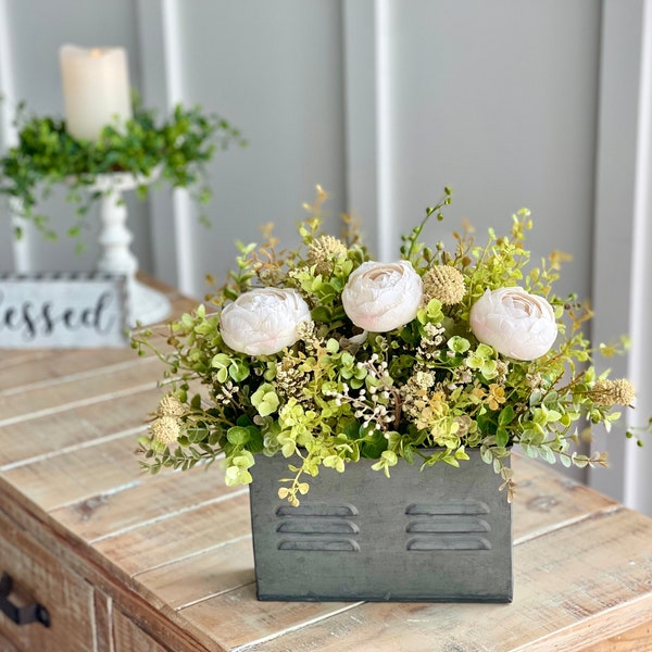 Farmhouse/Rustic/primitive/country greenery and faux dried ranunculus  in farmhouse style narrow metal rectangular container with vents