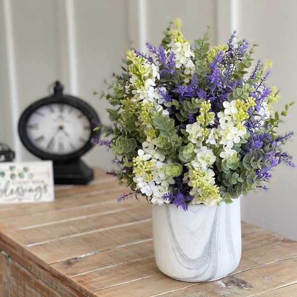 Summer white lilacs, purple lavender floral arrangement centerpiece, table top, large, tall with faux marble base, pretty kitchen decor,