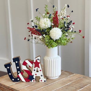 Farmhouse red white blue tall floral arrangement, Fourth of July home decor, red white and blue flowers, patriotic tabletop home decor