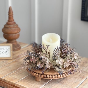 Everyday/fall/autumn neutral warm color farmhouse style foliage candle ring, neutral soft tan/blue,3 inch pillar candle decor,