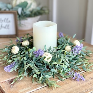 Fall Candle Ring: Cream Pumpkins, Lavender, Ash Greenery - 11 Inch