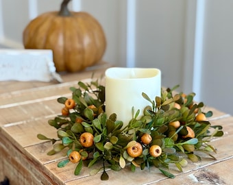 Autumn Harvest Boxwood & Pod Berry Candle Ring – Everyday Neutral Rustic Farmhouse Decor, Thanksgiving Centerpiece, Greenery Pillar Wreath