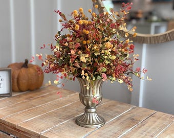 Gathered Autumn Berries Arrangement: Fall Berry Centerpiece, Rustic Gold Urn Floral Display, Fall/Thanksgiving Centerpiece, Layered Stems