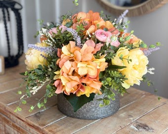 Summer Cottage Garden Floral Arrangement, Peach Hydrangea Centerpiece, Faux Peony Decor, Farmhouse Table Decor, Rustic Planter