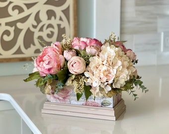 Large Neutral Farmhouse/French country everday floral arrangement vintage inspired roses, crinkle peonies pink farmhouse flower box