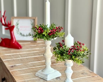 Christmas Candle Rings: Red Berry & Boxwood Farmhouse Decor ,set of 2, 2-inch Center