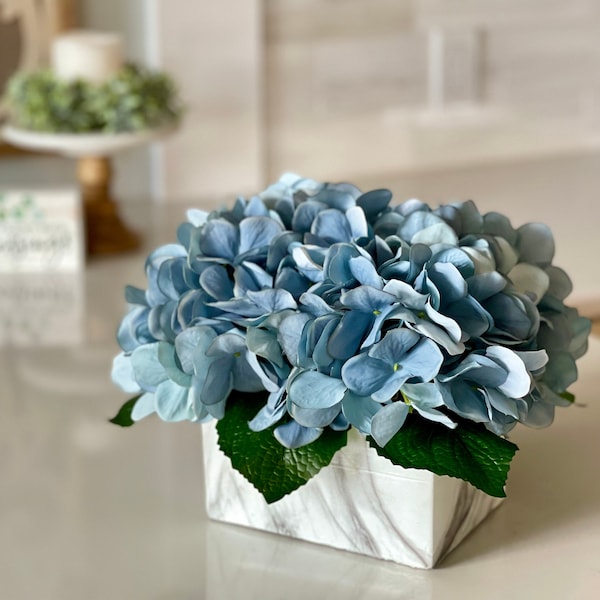 Real touch blue gray hydrangeas floral arrangement, small centerpiece tabletop fuax marble rectangular container