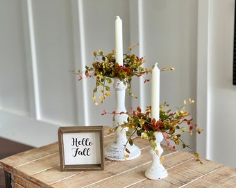 Fall Tapered Candle Rings: Burgundy, Olive, and Gold Leaf Decor (Set of 2), Pair of candle rings, 2" for candle/ 10" stem