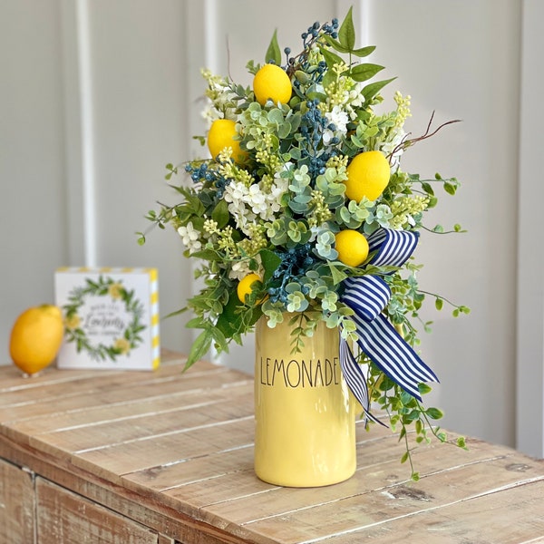 Summer Rae Dunn decor with blueberries and lemon, tall floral arrangement in Lemonade yellow Pitcher centerpiece, table top, kitchen decor,