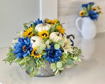 Fall blue yellow and white farmhouse pumpkin centerpiece floral arrangement, autumn flower centerpiece, white blue pumpkin sunflower